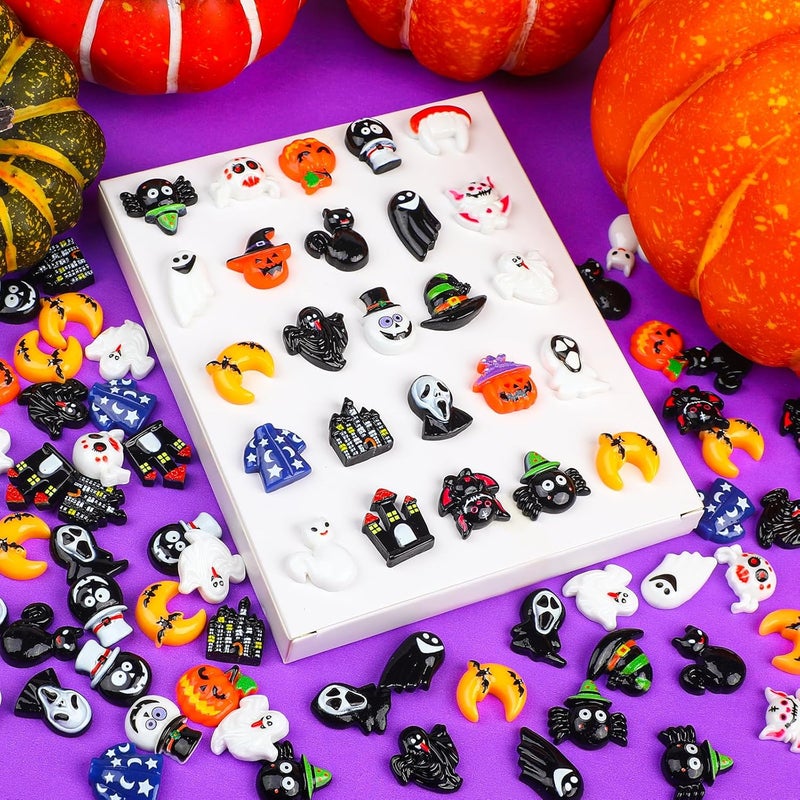 FOIMAS Halloween Resin Flatback Charms,100pcs Pumpkin Ghost Spider Embellishment Resin Miniatures for Halloween Ornament Supply - Image 3